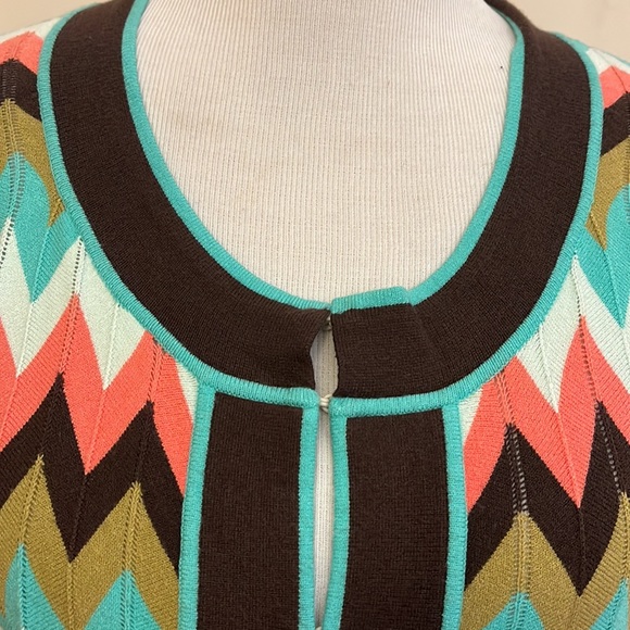 Milly of New York Retro Brown Aqua Salmon Chevron Cardigan Size Large - Picture 4 of 7